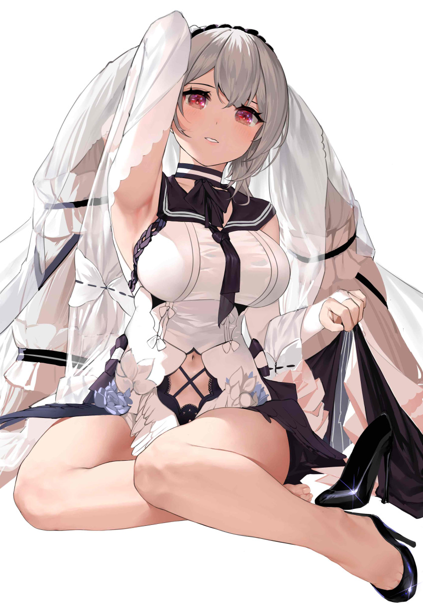 1girl absurdres arm_up armpits azur_lane bangs bare_shoulders black_choker black_dress black_footwear black_neckwear black_sailor_collar blush bow_dress breasts choker clothes_lift clothing_cutout commentary_request dress dress_lift eyebrows_visible_through_hair feather_dress formidable_(azur_lane) formidable_(timeless_classics)_(azur_lane) full_body grey_hair hair_between_eyes hair_ornament hair_ribbon high_heels highres large_breasts long_hair looking_at_viewer meatfatty navel navel_cutout neckerchief official_alternate_costume parted_lips red_eyes ribbon sailor_collar shoes sidelocks simple_background single_shoe sitting smile solo toe_cleavage twintails two-tone_dress veil very_long_hair white_background white_dress yokozuwari