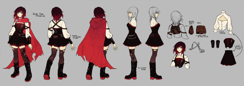 1girl absurdres backpack bag belt belt_buckle boots brown_hair buckle character_name cloak ein_lee english_text eyebrows_visible_through_hair full_body gradient_hair grey_background highres multicolored_hair multiple_views official_art redhead ruby_rose rwby silver_hair simple_background skirt standing thigh-highs two-tone_hair