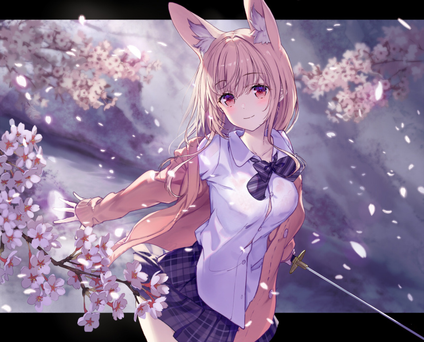 1girl animal_ear_fluff animal_ears bangs blurry blurry_background blush bow bowtie breasts cardigan cherry_blossoms closed_mouth collared_shirt cowboy_shot dated dress_shirt eyebrows_visible_through_hair fox_ears hair_between_eyes highres holding holding_sword holding_weapon katana large_breasts letterboxed long_hair long_sleeves looking_at_viewer miniskirt open_cardigan open_clothes original outside_border petals pink_cardigan pink_eyes pink_hair plaid plaid_skirt purple_bow purple_neckwear purple_skirt sanbasou school_uniform shirt signature skirt smile solo striped striped_bow striped_neckwear sword weapon white_shirt
