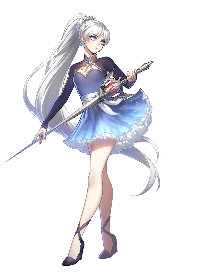 1girl absurdres blue_eyes breasts cleavage_cutout clothing_cutout dress earrings ein_lee flower full_body hair_ornament high_heels highres holding holding_sword holding_weapon jewelry left-handed legs lily_(flower) long_hair long_sleeves myrtenaster official_art parted_lips rapier rwby small_breasts solo standing sword transparent_background very_long_hair weapon weiss_schnee white_hair