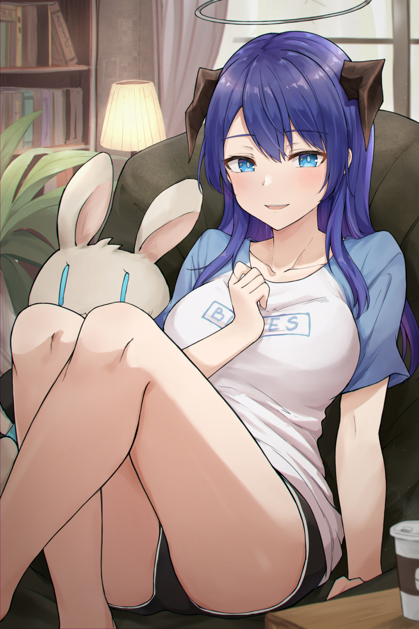 1girl :d absurdres arknights black_shorts blue_eyes blue_hair blue_sleeves book chinese_commentary collarbone commentary_request couch demon_horns eyebrows_visible_through_hair halo hand_on_own_chest highres hood horns huge_filesize indoors jacket knees_up lamp long_hair looking_at_viewer mango_(mgo) mostima_(arknights) on_couch open_mouth raglan_sleeves shirt short_shorts short_sleeves shorts simple_background sitting smile stuffed_animal stuffed_bunny stuffed_toy tail thighs white_shirt