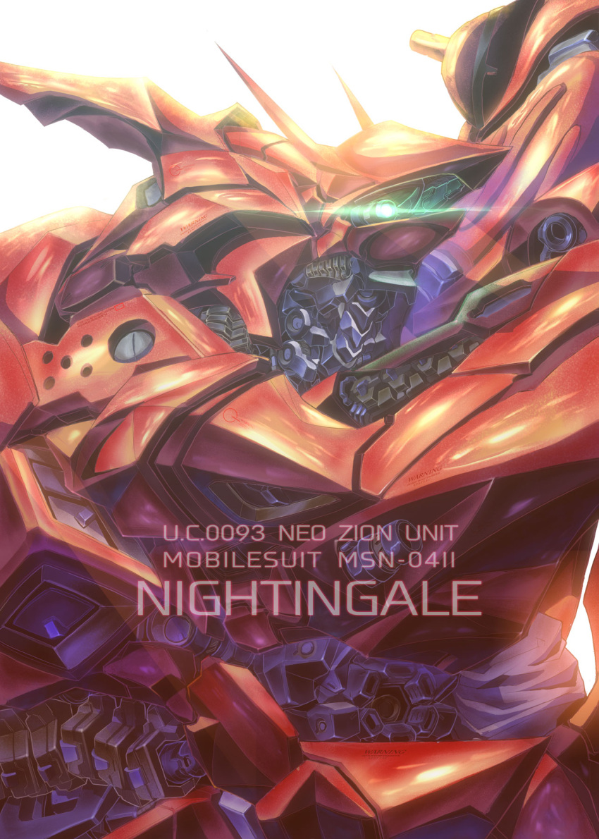 char's_counterattack char's_counterattack_-_beltorchika's_children character_name glowing glowing_eye green_eyes gundam highres mecha mobile_suit nightingale no_humans one-eyed ranguage science_fiction solo uungunover white_background zeon