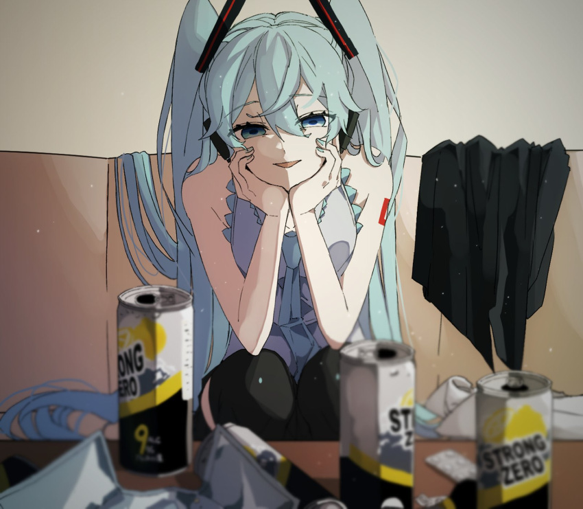 1girl alcohol aqua_eyes aqua_hair aqua_neckwear arm_support bare_shoulders black_legwear blurry blurry_foreground can commentary couch depth_of_field eiku grey_shirt hair_ornament hatsune_miku head_rest headphones highres light_particles long_hair looking_at_viewer necktie open_mouth shirt shoulder_tattoo sitting sleeveless sleeveless_shirt smile solo strong_zero table tattoo thigh-highs twintails very_long_hair vocaloid