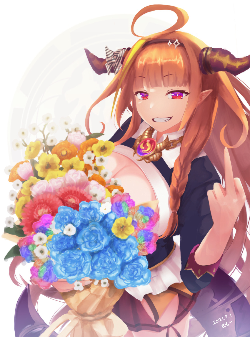 1girl absurdres ahoge bangs bouquet bow braid brooch commentary_request dated dragon_girl dragon_tail eyebrows_visible_through_hair flower highres holding holding_bouquet hololive horn_bow horn_ornament horns huge_filesize jewelry kiryu_coco long_hair middle_finger mottiie orange_hair smile solo tail teeth violet_eyes virtual_youtuber