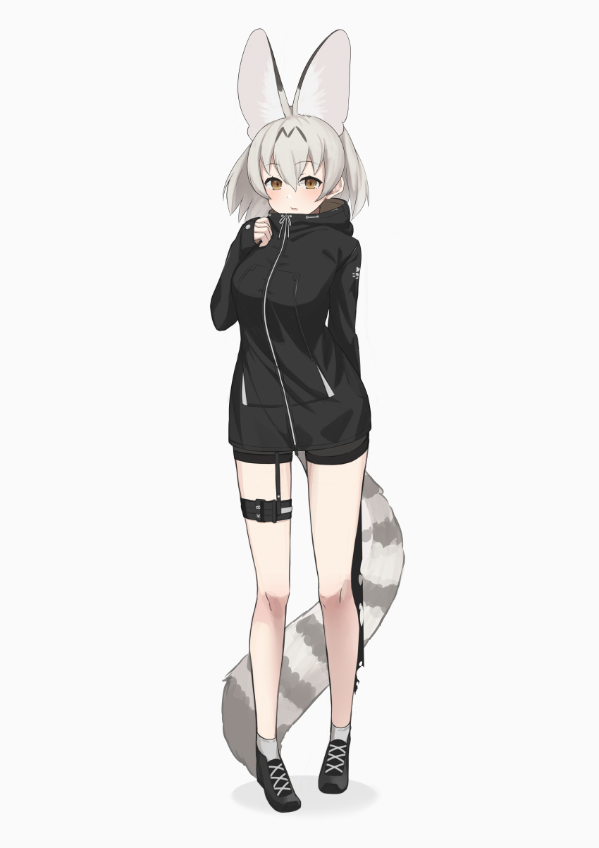 1girl absurdres alternate_costume animal_ears arm_behind_back bangs black_hoodie breasts brown_eyes deku_suke extra_ears eyebrows_visible_through_hair full_body grey_hair hair_between_eyes hand_on_own_chest highres hood hood_down hoodie kemono_friends long_sleeves looking_at_viewer medium_breasts medium_hair parted_lips serval_ears serval_tail shoes simple_background sleeves_past_wrists solo striped_tail tail thigh_strap white_background white_serval_(kemono_friends)