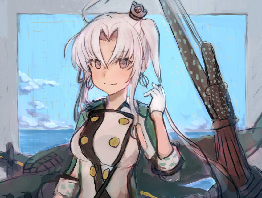 1girl ahoge akitsushima_(kancolle) armpit_cutout bangs breasts buttons clothing_cutout clouds day double-breasted earrings gloves hat highres jacket jewelry kantai_collection long_hair medium_breasts mini_hat moor ocean outdoors ponytail rigging side_ponytail sidelocks sky smile solo upper_body violet_eyes water white_gloves white_hair