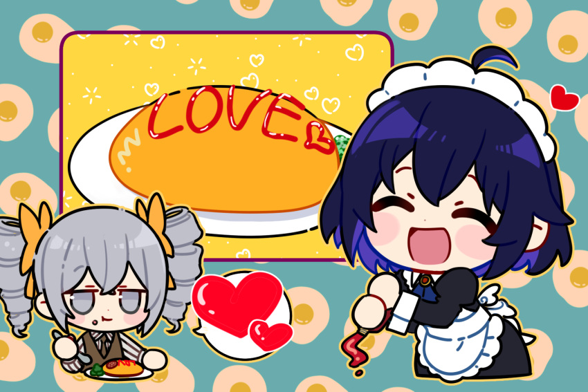 2girls 6_(yuchae) antenna_hair apron bangs blue_hair blush bronya_zaychik closed_eyes closed_mouth drill_hair eating food grey_eyes grey_hair hair_between_eyes heart holding honkai_(series) honkai_impact_3rd ketchup ketchup_bottle maid maid_apron maid_headdress multiple_girls omelet plate seele_vollerei speech_bubble spoon twin_drills