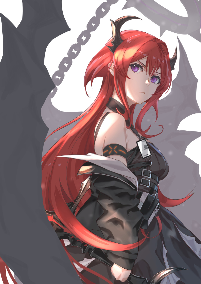 1girl arknights chain collar dai00888 demon dress highres holding holding_weapon jacket long_hair looking_up off_shoulder redhead spiked_collar spikes surtr_(arknights) sword violet_eyes weapon