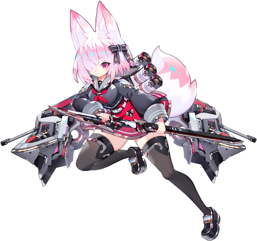 1girl animal_ears bangs black_bow black_legwear blue_oath bow breasts closed_mouth fox_ears fox_tail hair_bow hair_over_one_eye highres holding holding_sword holding_weapon katana le_malin_(blue_oath) leg_up long_sleeves mamuru medium_hair official_art pink_eyes red_neckwear rigging sailor_collar sheath solo sword tail thigh-highs transparent_background unsheathing weapon