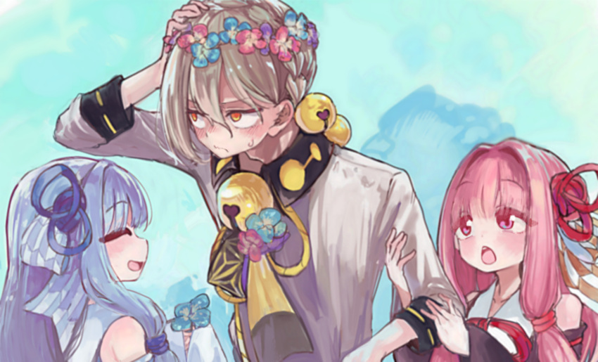 1boy 2girls bare_shoulders bell black_dress blue_dress blue_ribbon blush commentary detached_sleeves dress embarrassed facing_another flower_wreath frown grey_hair hair_bell hair_ornament hair_ribbon hand_on_own_head head_down holding_another's_arm iori_yuzuru kotonoha_akane kotonoha_aoi light_blue_hair long_hair looking_at_another looking_away microa multiple_girls necktie pink_hair red_ribbon ribbon sailor_collar shirt siblings sidelocks sisters sweat upper_body very_long_hair voiceroid white_shirt yellow_eyes yellow_neckwear