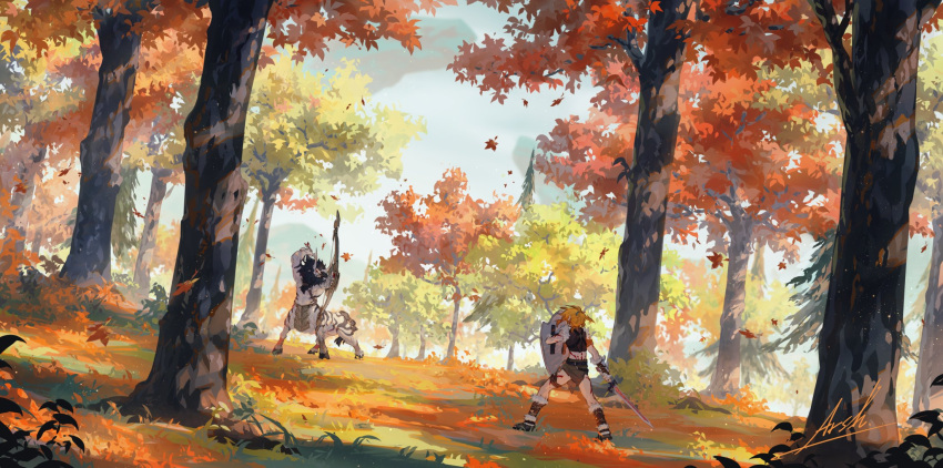 1boy arsh_(thestarwish) autumn autumn_leaves barbarian_set_(zelda) bare_shoulders black_hair blonde_hair bow_(weapon) brown_shorts covering creature fur_trim highres holding holding_shield holding_sword holding_weapon leaf link lynel monster outdoors scenery shield shorts standing sword the_legend_of_zelda the_legend_of_zelda:_breath_of_the_wild tree weapon