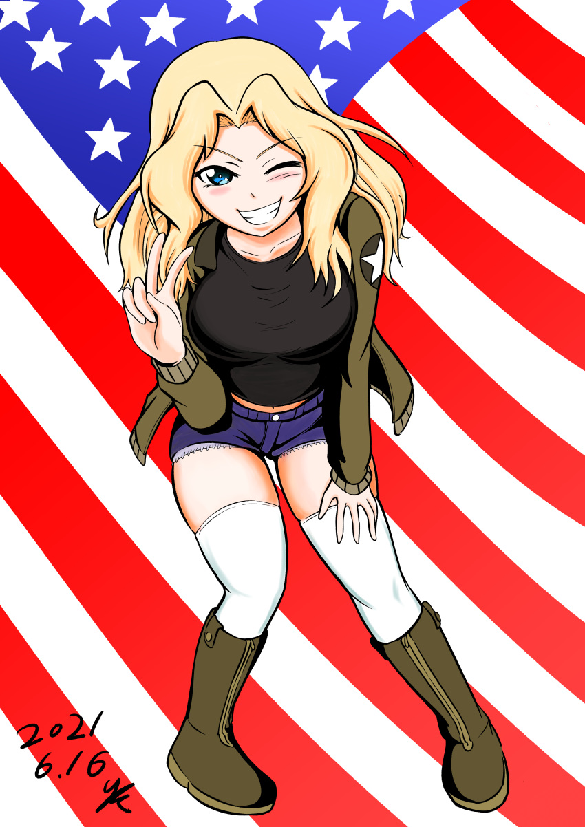 1girl 2021 absurdres american_flag_background black_tank_top blonde_hair blue_eyes blush boots breasts dated denim denim_shorts diagonal_stripes girls_und_panzer hair_intakes hand_on_own_knee highres kay_(girls_und_panzer) kirin_(davidbk) knee_boots large_breasts leaning_forward long_hair saunders_military_uniform shorts smile solo striped tank_top thigh-highs v