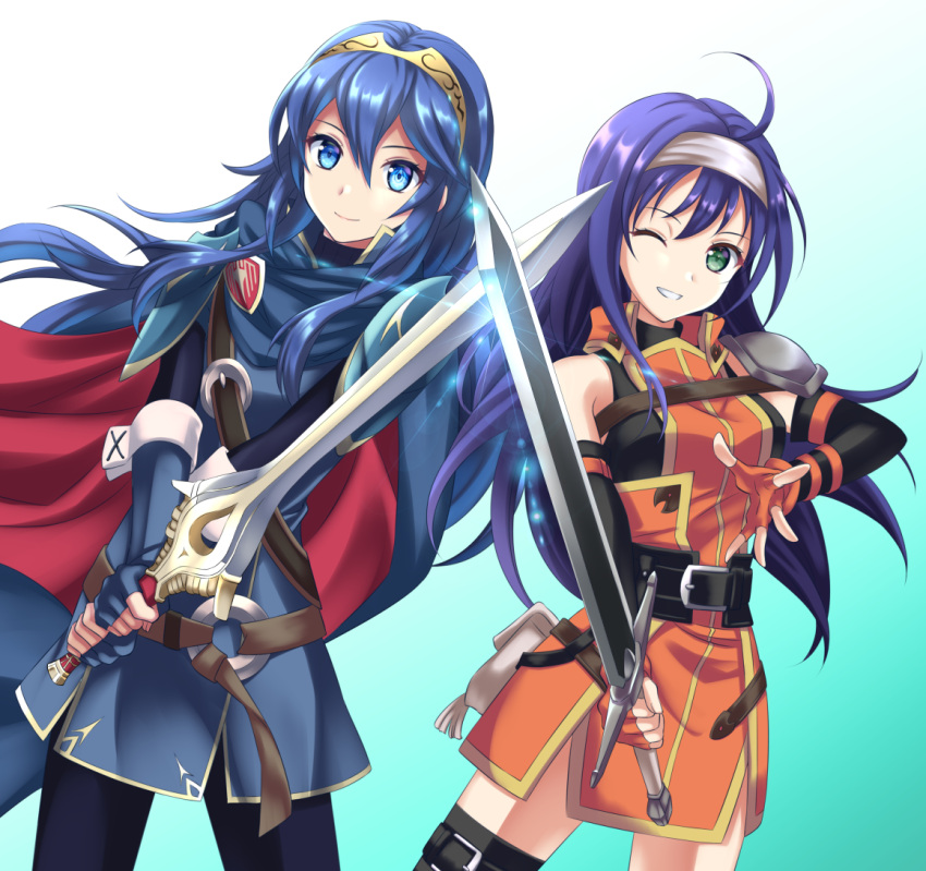 2girls armor belt blue_cape blue_eyes blue_hair blue_legwear blue_skirt boots cape crossed_swords falchion_(fire_emblem) fingerless_gloves fire_emblem fire_emblem:_path_of_radiance fire_emblem_awakening fire_emblem_heroes gloves green_eyes headband kakiko210 long_hair lucina_(fire_emblem) mia_(fire_emblem) multiple_girls one_eye_closed orange_skirt purple_hair red_cape shoulder_armor skirt thigh-highs thigh_boots tiara two-tone_cape