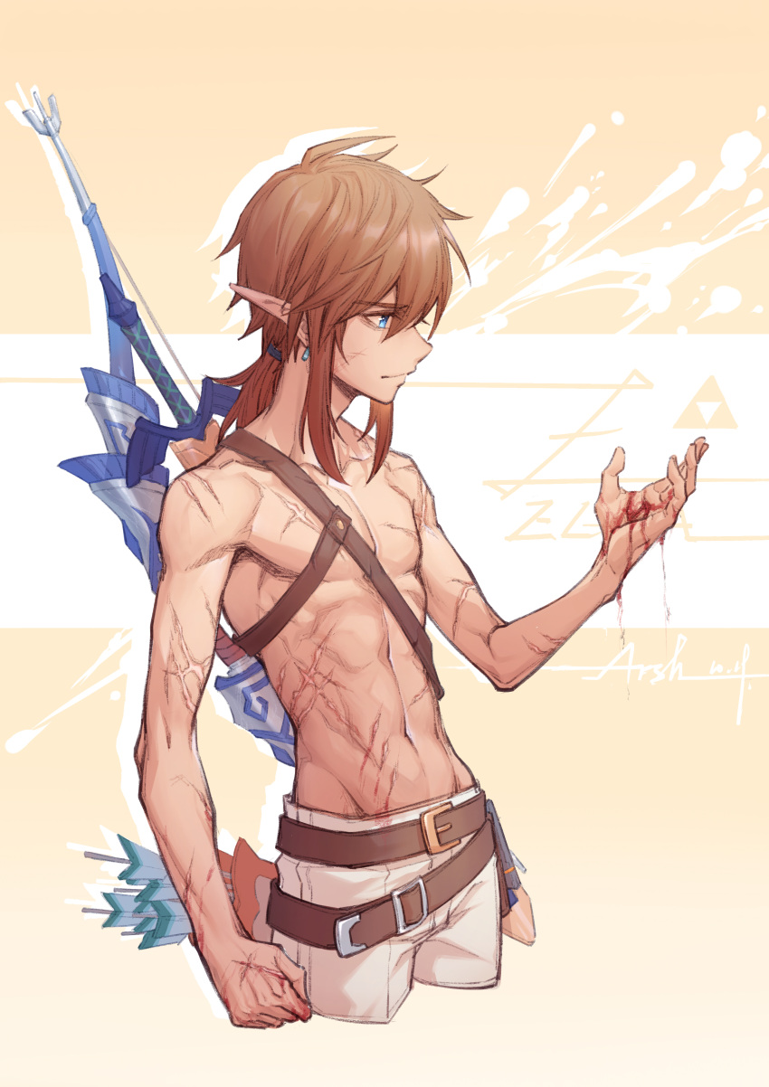 1boy absurdres arrow_(projectile) arsh_(thestarwish) bangs belt blood blue_eyes bow_(weapon) brown_belt brown_hair closed_mouth collarbone cowboy_shot cropped_legs earrings hand_up highres jewelry link male_focus master_sword medium_hair pants pointy_ears ponytail quiver scar scar_on_arm scar_on_chest shirtless solo sword the_legend_of_zelda weapon weapon_on_back