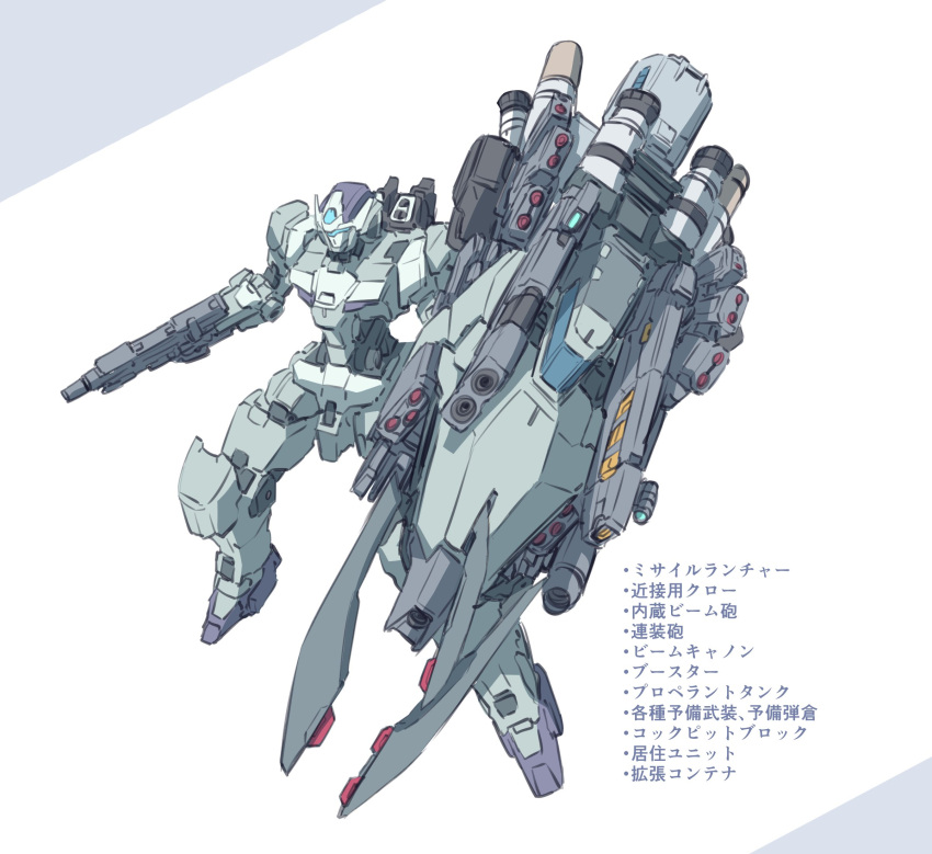 floating gun highres holding holding_gun holding_shield holding_weapon ishiyumi looking_down mecha missile_pod no_humans original science_fiction shield solo translation_request visor weapon
