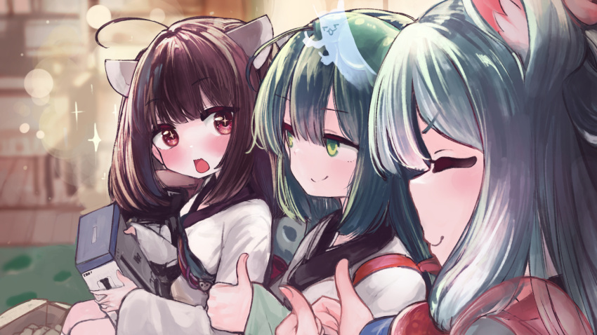 3girls ahoge animal_ears bangs blue_hair blunt_bangs blush box brown_hair closed_eyes commentary double_thumbs_up fox_ears game_console gift green_eyes green_hair hair_ornament highres holding holding_box japanese_clothes kimono looking_at_another medium_hair microa multiple_girls open_mouth red_eyes siblings sisters sitting smile sparkle spirit thumbs_up touhoku_itako touhoku_kiritan touhoku_zunko upper_body voiceroid white_kimono wii