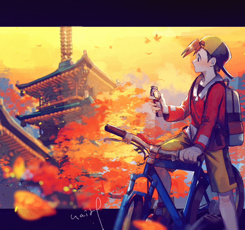 1boy autumn_leaves backpack backwards_hat bag baseball_cap bicycle blurry blush building commentary_request ethan_(pokemon) grey_bag ground_vehicle hand_up hanenbo hat highres holding jacket letterboxed long_sleeves looking_to_the_side male_focus outdoors pokemon pokemon_(game) pokemon_gsc red_jacket riding_bicycle short_hair shorts signature sky solo yellow_shorts