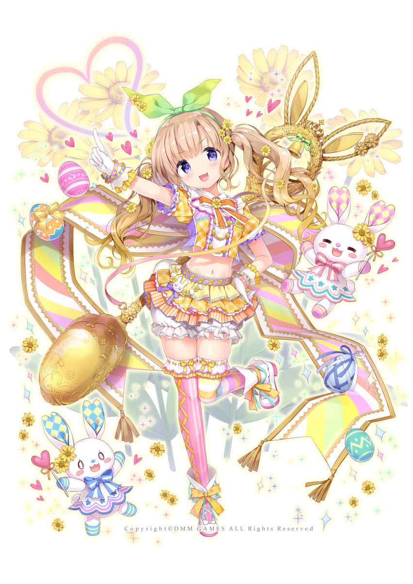 1girl :d absurdres bangs bell blonde_hair bloomers blush boots bow commentary_request crop_top easter easter_egg egg eyebrows_visible_through_hair flower flower_knight_girl frilled_legwear gloves gradient_hair green_ribbon hair_flower hair_ornament hair_ribbon hand_on_hip head_tilt highres index_finger_raised kimishima_ao layered_skirt light_brown_hair long_hair looking_at_viewer midriff mismatched_legwear multicolored_hair navel object_namesake official_art open_mouth orange_bow outstretched_arm pink_legwear plaid plaid_shirt plaid_skirt pleated_skirt puffy_short_sleeves puffy_sleeves revision ribbon shirt short_sleeves simple_background skirt smile solo sparkle standing standing_on_one_leg striped striped_legwear stuffed_animal stuffed_bunny stuffed_toy twintails underwear usagigiku_(flower_knight_girl) v-shaped_eyebrows very_long_hair violet_eyes watermark white_background white_bloomers white_footwear white_gloves yellow_flower yellow_shirt yellow_skirt
