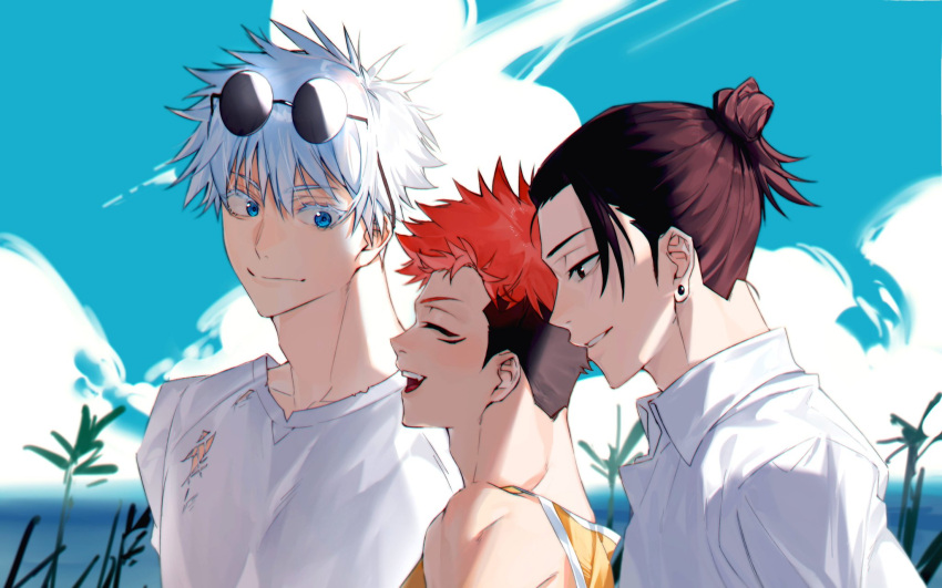 3boys ^_^ bangs black_eyes black_hair blue_eyes closed_eyes closed_mouth collared_shirt day ear_piercing eyelashes getou_suguru gojou_satoru hair_between_eyes hair_bun hair_pulled_back highres iiiki_4u itadori_yuuji jujutsu_kaisen looking_at_another male_focus multiple_boys open_mouth outdoors parted_lips piercing pink_hair profile shirt short_hair smile spiky_hair tank_top undercut upper_body white_hair white_shirt yellow_tank_top