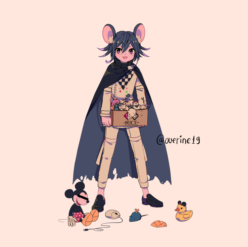 1boy absurdres artist_name black_hair cape checkered checkered_scarf dangan_ronpa_(series) dangan_ronpa_v3:_killing_harmony full_body highres mickey_mouse mouse_(computer) ouma_kokichi overine19 purple_hair rubber_duck scarf shoes short_hair solo straitjacket toy violet_eyes