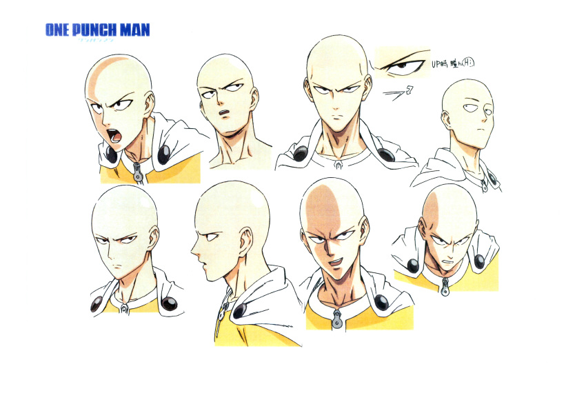1boy bald character_sheet copyright_name expressions highres male_focus multiple_views official_art one-punch_man production_art saitama_(one-punch_man) scan scan_artifacts superhero zip_available