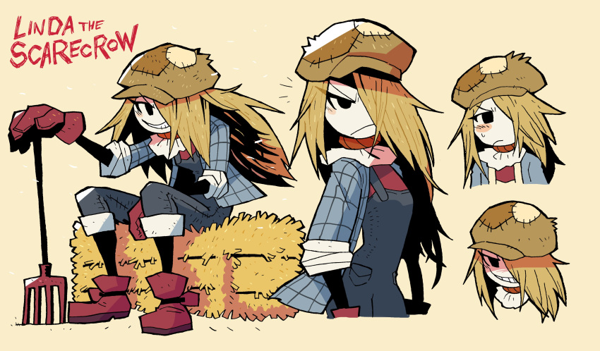 1girl absurdres black_eyes blonde_hair blue_jacket blush blush_stickers character_request closed_mouth grin hair_over_one_eye hay highres jacket linda_(rariatto) long_hair looking_at_viewer multiple_views notice_lines one_eye_covered open_clothes open_jacket original overalls pitchfork planted_pitchfork rariatto_(ganguri) red_footwear scarecrow shoes simple_background sitting sleeves_rolled_up smile yellow_background