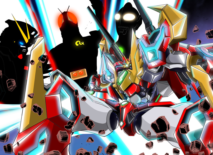 2boys absurdres armor belt compatible_kaiser crossover f91_gundam g_compatible_kaiser glowing glowing_eyes green_eyes gundam gundam_f91 highres kamen_rider kamen_rider_black_rx kamen_rider_black_rx_(series) looking_at_viewer mecha multiple_boys pose red_eyes rider_belt super_robot super_robot_wars super_robot_wars_original_generation_gaiden sword ultra_series ultraman:_towards_the_future ultraman_great weapon yellow_eyes yuuki_(gatama)