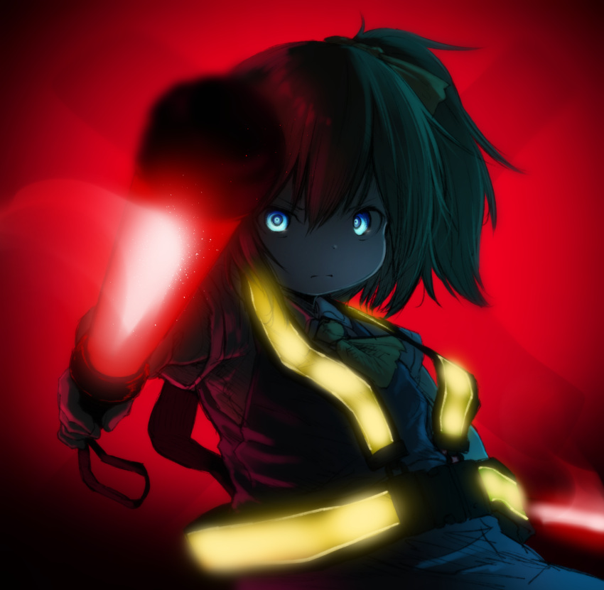 1girl ascot bangs blue_eyes blue_vest bow closed_mouth collared_shirt colored_skin commentary_request cookie_(touhou) daiaa_nisei daiyousei diyusi_(cookie) glowing glowing_eyes green_hair hair_between_eyes hair_bow high-visibility_vest highres looking_at_viewer medium_hair ponytail red_background shirt solo touhou traffic_baton upper_body vest white_shirt white_skin yellow_bow yellow_neckwear