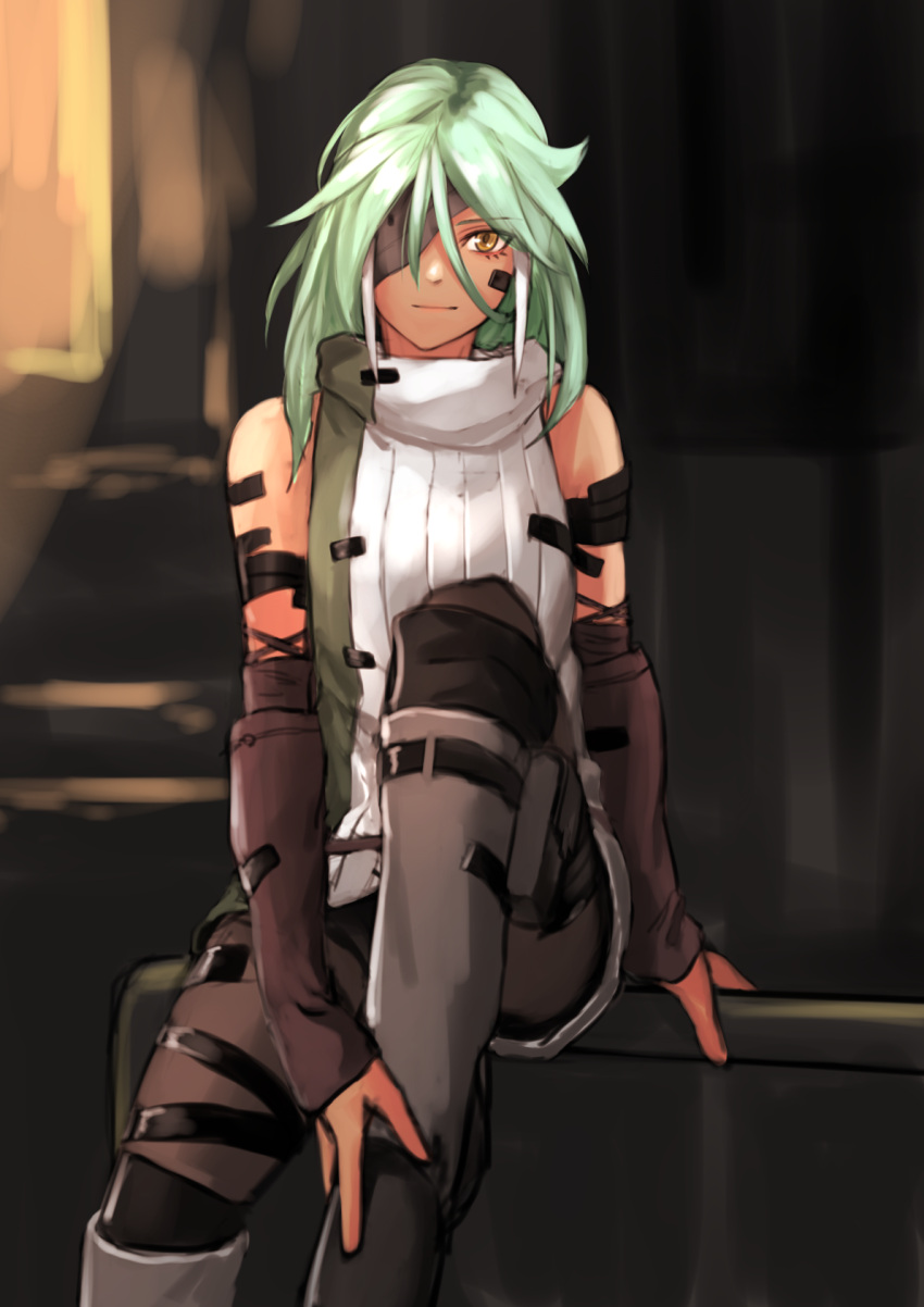 1girl closed_mouth eyepatch god_eater god_eater_3 green_hair highres kirie_kairi long_hair looking_at_viewer player_(god_eater_3) sitting solo yellow_eyes