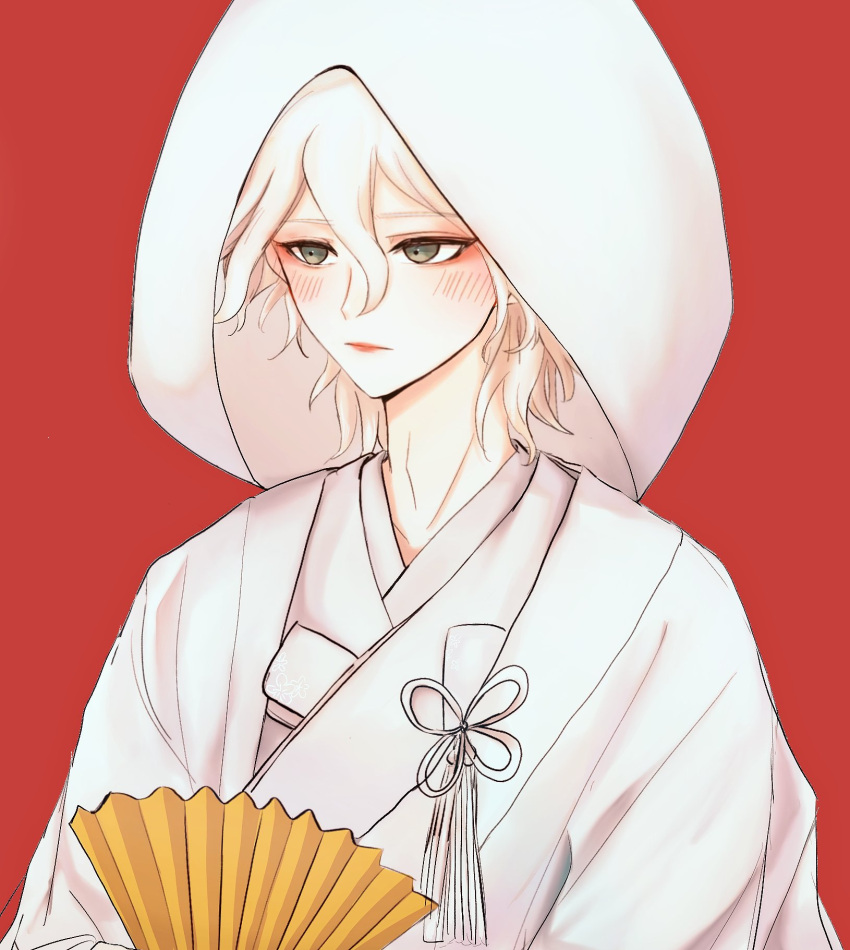 1boy a_po_(liuxiaobo0413) bangs blush brown_eyes closed_mouth commentary_request dangan_ronpa_(series) dangan_ronpa_2:_goodbye_despair fan folding_fan hair_between_eyes highres holding holding_fan hood hood_up japanese_clothes kimono komaeda_nagito long_neck looking_at_viewer male_focus paper_fan red_background short_hair simple_background solo upper_body