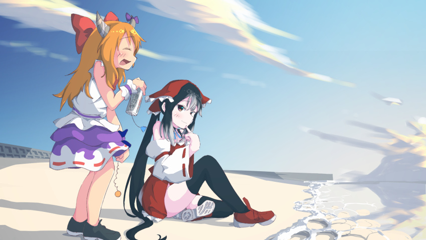 2girls bangs beach black_footwear black_hair black_legwear blue_sky bow chain closed_eyes closed_mouth clouds commentary_request cookie_(touhou) day detached_sleeves dress dual_persona eyebrows_visible_through_hair hakurei_reimu highres horn_bow horns ibuki_suika kurotsuki_hiiragi long_hair looking_afar looking_at_another looking_to_the_side multiple_girls open_mouth orange_hair outdoors purple_bow purple_skirt pyramid_(geometry) red_bow red_dress red_footwear shirt shoes sidelocks sitting skirt sky sleeveless sleeveless_shirt smile sphere standing thigh-highs touhou twintails very_long_hair water waves white_shirt white_sleeves yuyusu_(cookie)