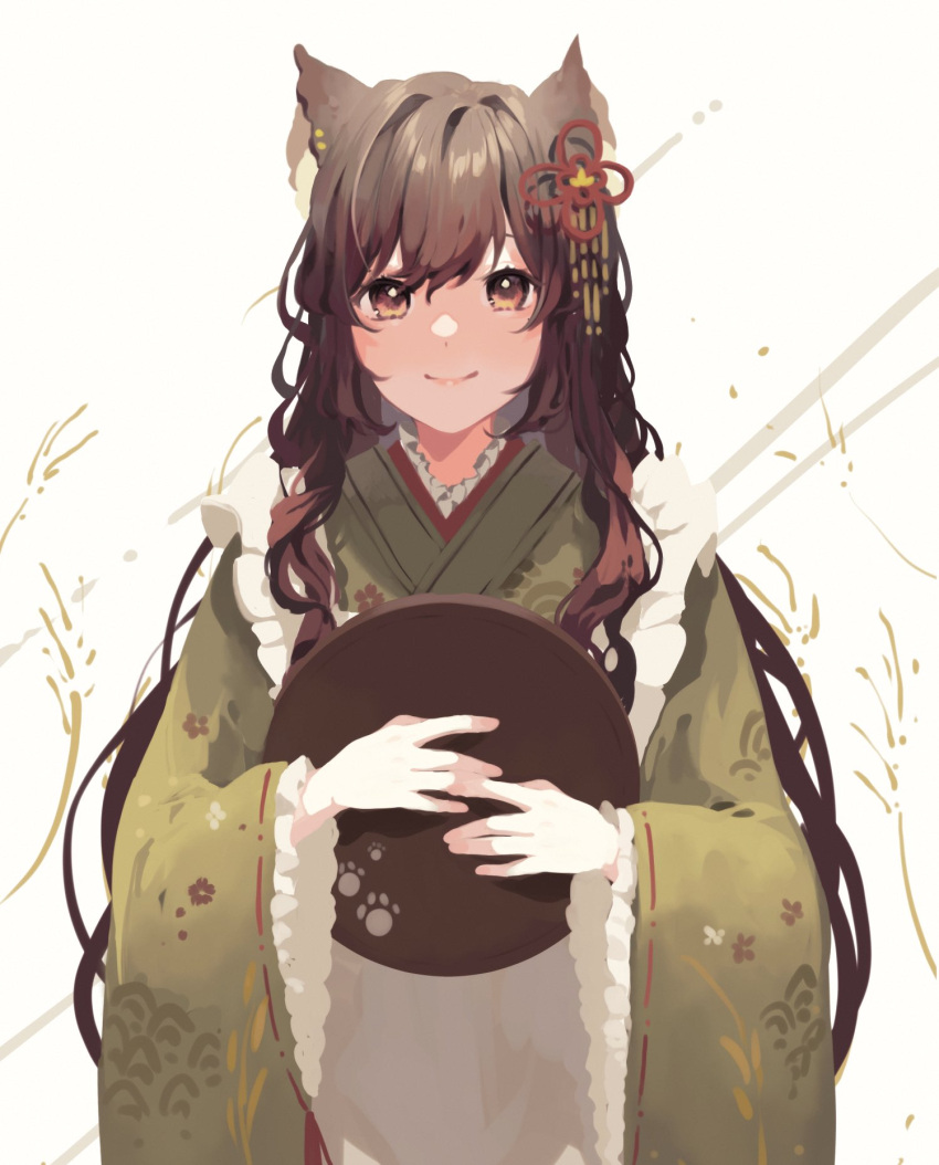 akane_neko animal_ears bangs brown_eyes brown_hair cat_ears cat_girl euphie_vt eyebrows_behind_hair frilled_kimono frills green_kimono highres holding holding_tray indie_virtual_youtuber japanese_clothes kimono paw_print smile tray upper_body virtual_youtuber wa_maid white_background