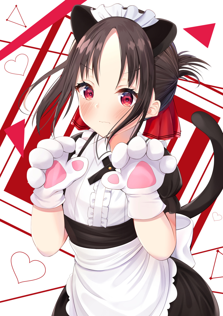 absurdres animal_ears apron bangs black_hair blush cat_ears cat_paws cat_tail closed_mouth eyebrows_visible_through_hair folded_ponytail gloves hair_ribbon hands_up heart highres kaguya-sama_wa_kokurasetai_~tensai-tachi_no_renai_zunousen~ maid maid_apron maid_headdress medium_hair nari_(narikashi) nervous paws red_eyes red_ribbon ribbon shinomiya_kaguya tail tied_hair white_gloves