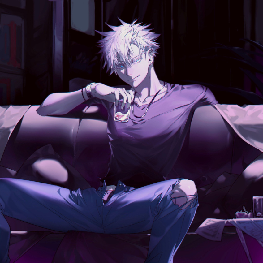 1boy ashtray bangs black_shirt blue_eyes blue_pants cigarette_butt closed_mouth couch cowboy_shot cup ear_piercing gojou_satoru hair_between_eyes highres holding holding_cup iiiki_4u indoors jewelry jujutsu_kaisen looking_at_viewer male_focus necklace pants piercing shirt short_hair short_sleeves sitting solo table torn_clothes torn_pants watch watch white_hair wristband