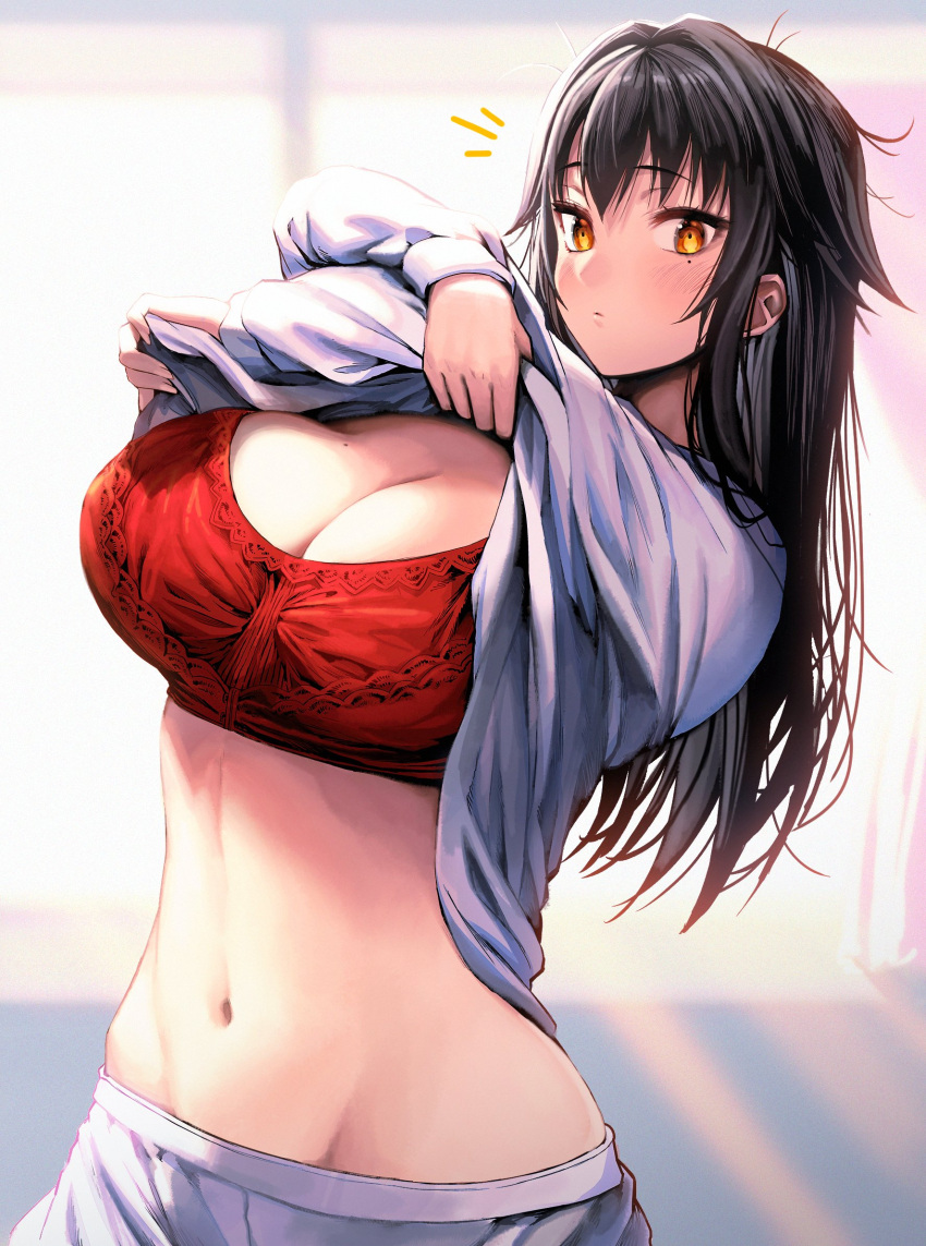 1girl black_hair bra breasts commentary_request eyebrows_visible_through_hair gibagiba groin highres large_breasts long_hair long_sleeves looking_at_viewer midriff mole mole_under_eye navel orange_eyes original red_bra shirt solo underwear undressing white_shirt