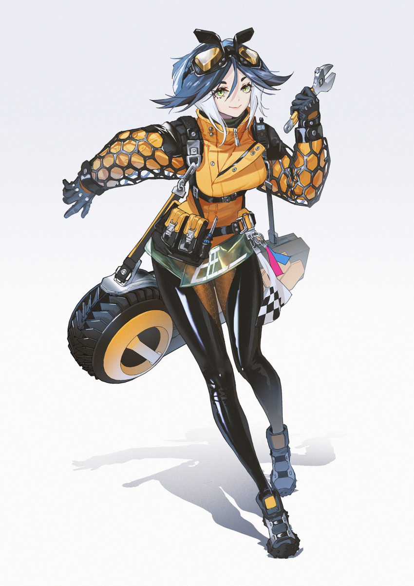 1girl black_gloves black_hair black_legwear gloves gradient gradient_background green_eyes hair_between_eyes highres holding holding_wrench looking_at_viewer multicolored_hair original shadow shoes smile solo ttk_(kirinottk) two-tone_hair white_background white_hair wrench