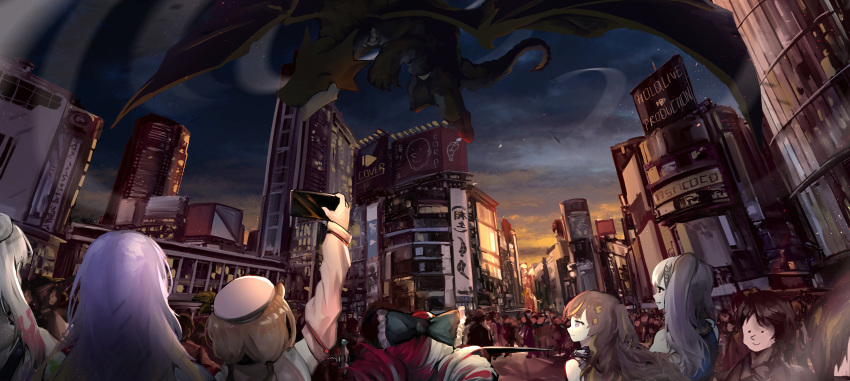 6+girls absurdres airani_iofifteen animal_ears anya_melfissa ayunda_risu bangs beret black_bow bow cellphone city crowd double_bun dragon flying grey_bow hair_bow hair_bun hat highres holding holding_phone hololive hololive_indonesia hood hoodie kiryu_coco kiryu_coco_(dragon) kureiji_ollie moona_hoshinova multicolored_hair multiple_girls paint_in_hair pavolia_reine phone pink_headwear pink_hoodie purple_hair redhead ryoushi_chicken_soup_grass_big_chungus side_ponytail silver_hair smartphone smile squirrel_ears squirrel_girl two-tone_hair two_side_up violet_eyes virtual_youtuber vyragami