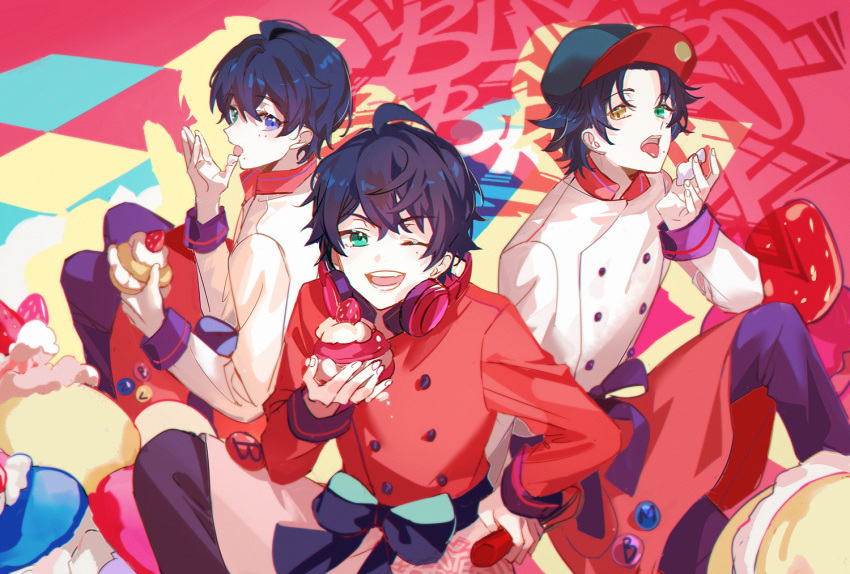 3boys abstract_background apron bangs baseball_cap black_hair black_headwear black_pants blue_eyes brothers buster_bros buttons chef_uniform closed_mouth commentary cream_puff crossed_legs drop_shadow fang feet_out_of_frame finger_licking food green_eyes hat headphones headphones_around_neck heterochromia holding holding_food hypnosis_mic kanose licking long_sleeves lower_teeth male_focus mole mole_under_eye multiple_boys multiple_moles one_eye_closed open_mouth pants parted_bangs red_apron red_background red_shirt red_theme shirt short_hair siblings smile tongue tongue_out upper_teeth waist_apron white_apron white_shirt yamada_ichirou_(hypnosis_mic) yamada_jirou yamada_saburou yellow_eyes