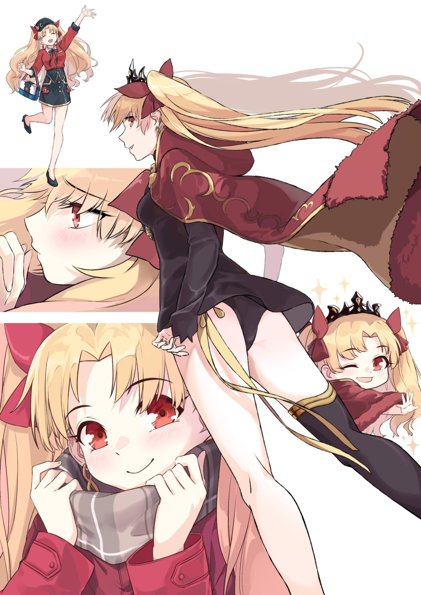 1girl absurdres ass back bangs black_dress black_legwear blonde_hair breasts cape chibi coffeekite contemporary dress earrings ereshkigal_(fate) fate/grand_order fate_(series) gold_trim hair_ribbon highres hood hooded_cape hoop_earrings jewelry long_hair looking_at_viewer medium_breasts multiple_views parted_bangs red_eyes ribbon scarf single_sleeve single_thighhigh skull smile spine thigh-highs thighs tiara two_side_up under_the_same_sky