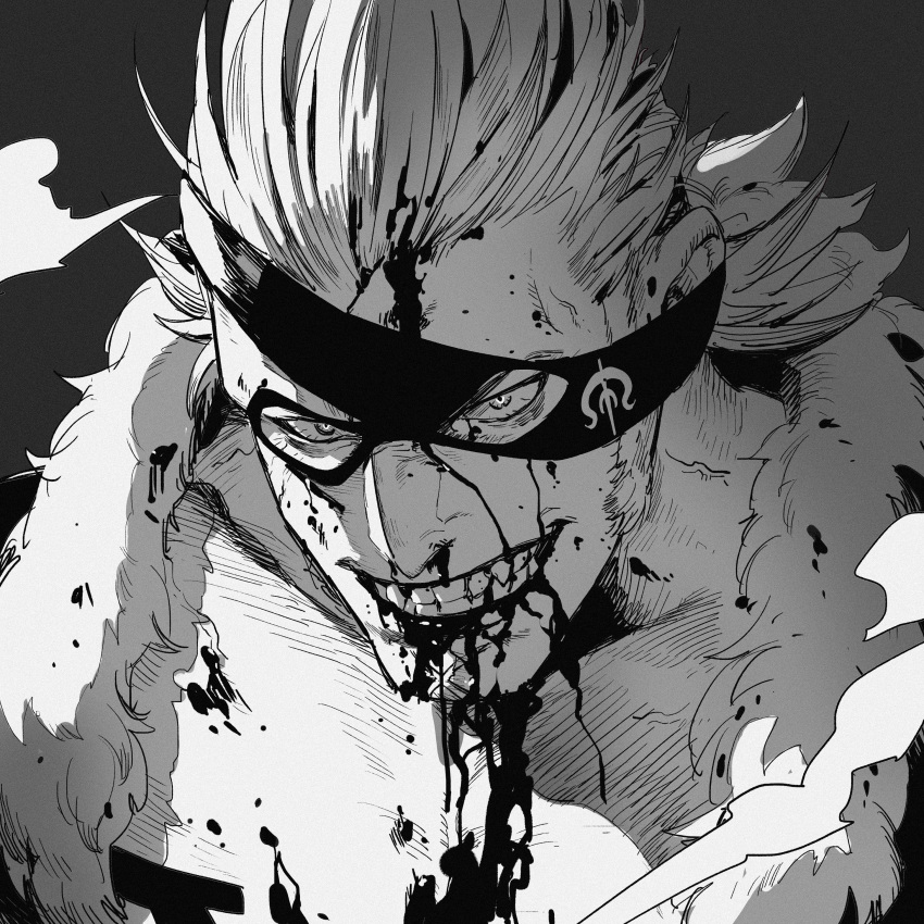 1boy absurdres blood blood_from_mouth blood_on_face blood_splatter bloodshot_eyes bloody_clothes bloody_teeth collarbone crazy_eyes crazy_smile dripping eye_mask face fang fur_trim greyscale grin hair_slicked_back highres hiten_(muses_a_hiten) injury male_focus mask monochrome nosebleed one_piece short_hair sideburns smile solo tattoo teeth v-shaped_eyebrows veins x_drake