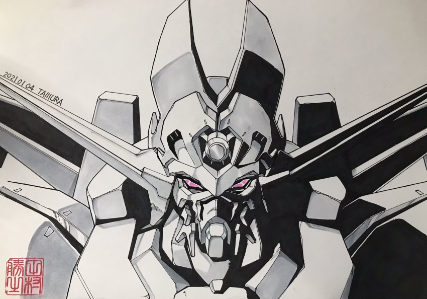 dangaioh_hyper_combat_unit dangaiou dated highres ink_(medium) looking_at_viewer mecha no_humans science_fiction solo spot_color super_robot tam_(garakuta_kaizou_ningen) traditional_media upper_body white_background