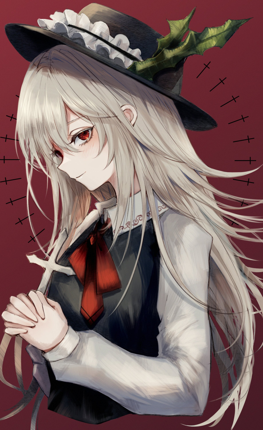 1girl absurdres black_vest blonde_hair collared_shirt cross dolls_in_pseudo_paradise dress_shirt frilled_hat frills hat hat_feather highres holding holding_cross jacket_girl_(dipp) latin_cross long_hair long_sleeves looking_at_viewer maho_moco red_background red_eyes shirt simple_background smile solo touhou vest white_shirt