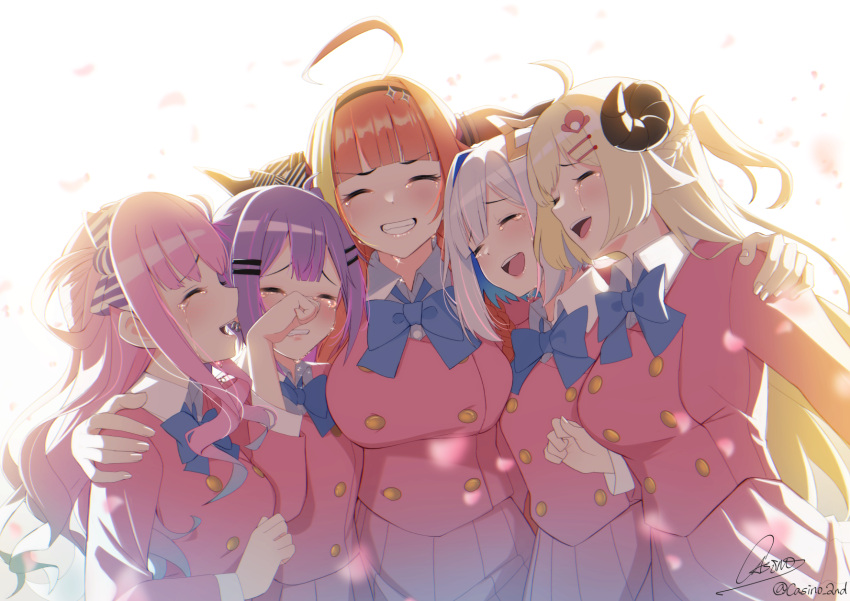 5girls :d ahoge amane_kanata animal_ears arm_around_shoulder bangs black_hairband blonde_hair blue_bow blue_hair blue_neckwear blunt_bangs blush bow bowtie braid breasts candy_hair_ornament casino_(casinoep) closed_eyes collared_shirt colored_inner_hair commentary_request crying diagonal-striped_bow dragon_girl dragon_horns eyebrows_visible_through_hair facing_another facing_viewer food-themed_hair_ornament grin hair_ornament hairband hairclip halo hands_on_another's_shoulders highres himemori_luna hololive horn_bow horns jacket kiryu_coco large_breasts long_hair multicolored_hair multiple_girls open_mouth orange_hair pink_hair pink_jacket pink_skirt purple_hair sheep_ears sheep_girl sheep_horns shirt short_hair signature skirt smile star_halo streaked_hair tears tokoyami_towa tsunomaki_watame upper_body virtual_youtuber white_hair wiping_tears