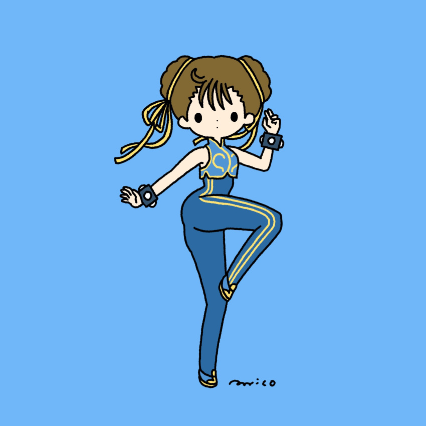 1girl blue_background brown_hair chun-li full_body hair_ribbon hand_up highres looking_at_viewer parirobo ribbon signature simple_background sleeveless solo standing street_fighter studded_bracelet yellow_ribbon
