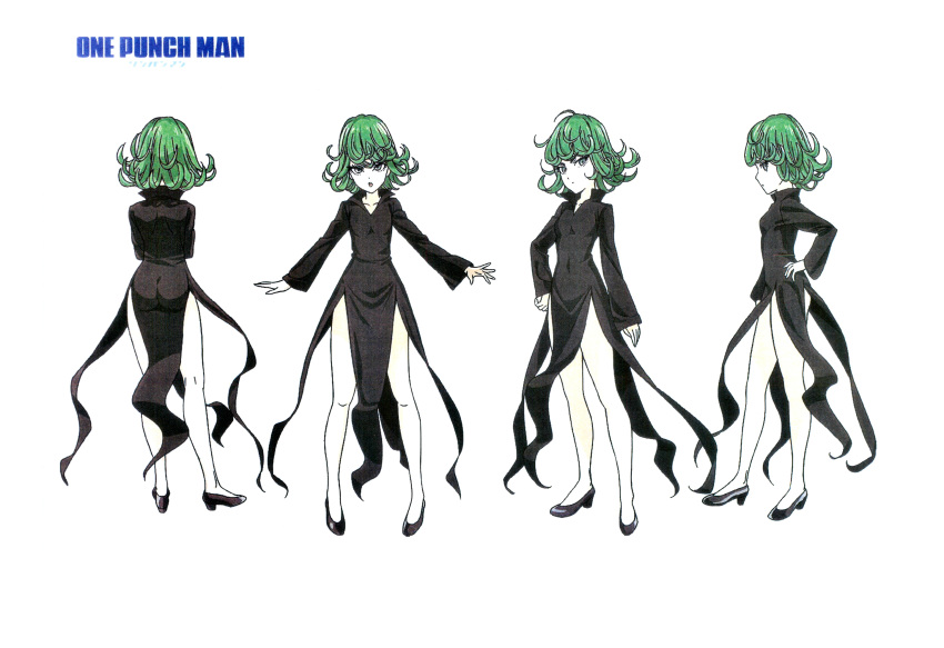 1girl character_sheet colored_skin copyright_name green_hair highres multiple_views official_art one-punch_man pelvic_curtain production_art scan scan_artifacts tatsumaki white_skin zip_available