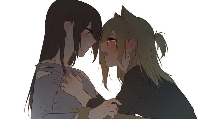 2girls animal_ears bite_mark black_shirt blush brown_hair cat_ears cat_girl cat_tail commentary_request crying ear_blush from_side grabbing grey_shirt hair_over_one_eye hands_on_another's_chest highres leaning_forward long_hair long_sleeves looking_at_another looking_at_viewer multiple_girls natsuyiro_x open_mouth original parted_lips profile saliva sharp_teeth shirt short_ponytail simple_background sweat tail tail_hold teeth upper_body white_background yuri