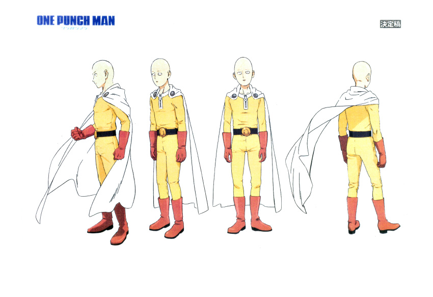 1boy bald belt boots cape character_sheet copyright copyright_name gloves highres male_focus multiple_views official_art one-punch_man production_art red_footwear red_gloves saitama_(one-punch_man) scan scan_artifacts superhero turnaround white_cape zip_available zipper zipper_pull_tab