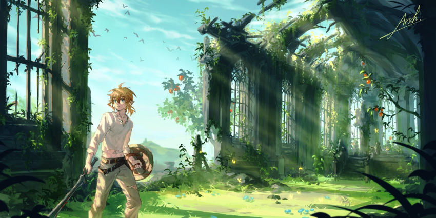 1boy ahoge arsh_(thestarwish) bird blonde_hair blurry blurry_background brown_hair brown_pants collarbone commentary_request day eyebrows_visible_through_hair grass highres holding holding_shield holding_sword holding_weapon link long_sleeves male_focus outdoors pants pointy_ears ruins scenery shield shirt signature sky solo standing statue sword the_legend_of_zelda the_legend_of_zelda:_breath_of_the_wild torn_clothes torn_pants torn_shirt tree weapon white_shirt window
