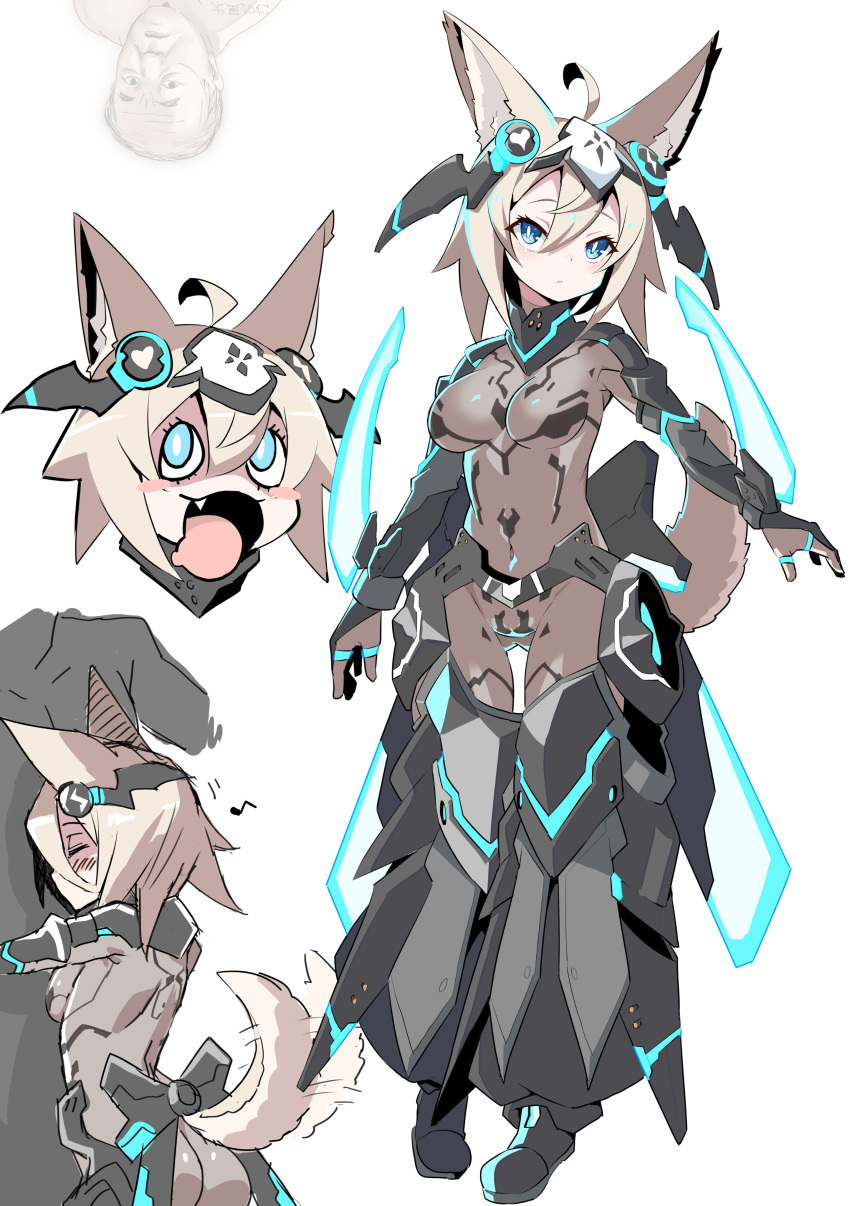 1girl absurdres ahoge animal_ears armor ass_visible_through_thighs black_footwear blonde_hair blue_eyes blush_stickers bodystocking breasts brown_legwear chibi closed_mouth fox_ears hair_between_eyes highres inukaze_yamu looking_at_viewer medium_breasts medium_hair multiple_views navel old old_man open_mouth original simple_background white_background
