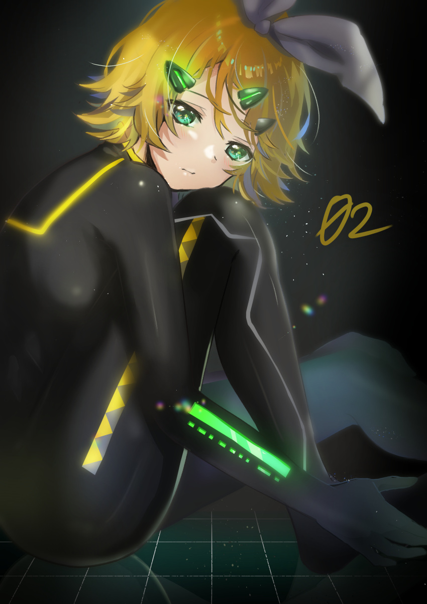 1girl absurdres black_background black_bodysuit blonde_hair bodysuit bow commentary glowing green_eyes hair_bow highres interface_headset kagamine_rin knee_up lens_flare light_particles looking_at_viewer neon_trim pafufu plugsuit short_hair sitting solo tile_floor tiles vocaloid white_bow